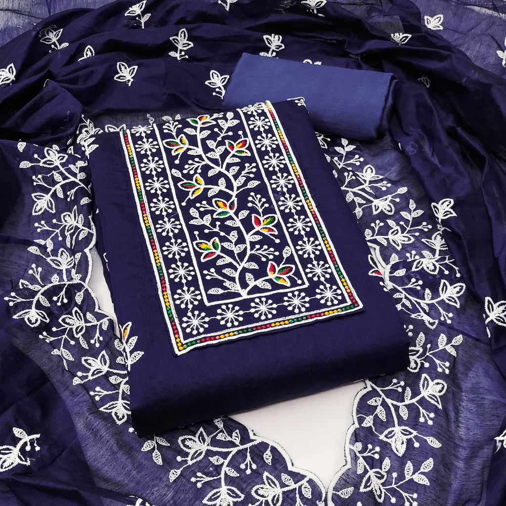 Navy Blue Embroidered Floral Chanderi Cotton Material for Elegant Dressing
