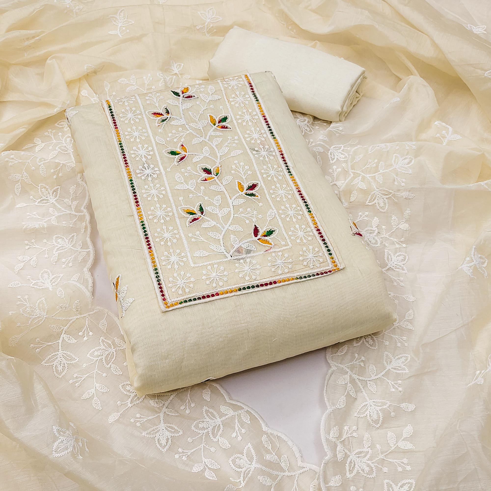 Off White Embroidered Floral Chanderi Cotton Material for Elegant Dressing