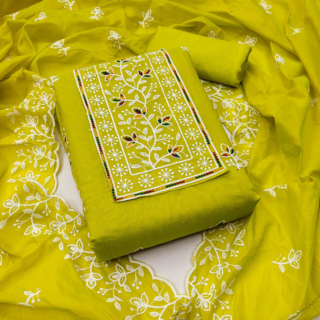 Parrot Green Embroidered Floral Chanderi Cotton Material for Elegant Dressing