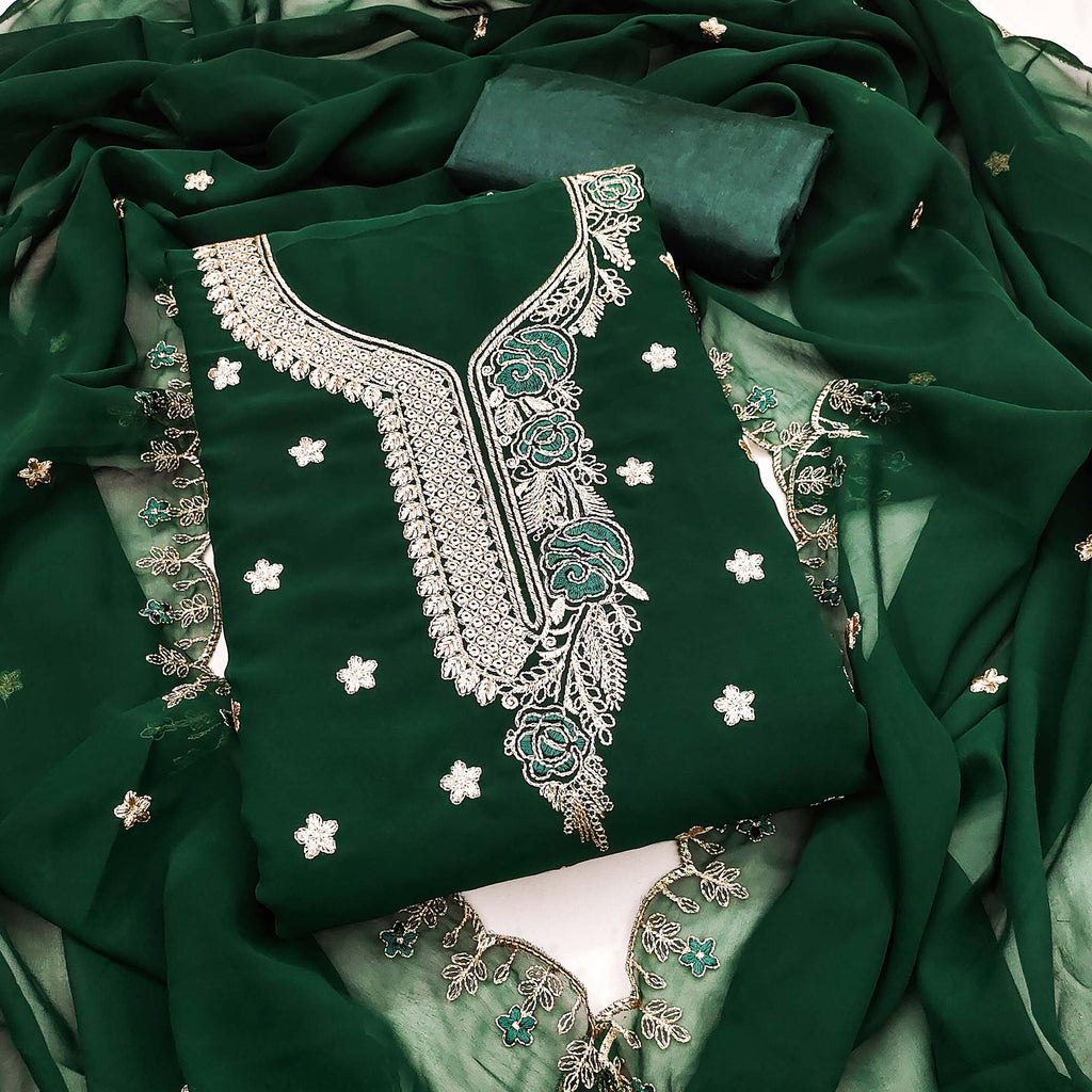 Bottle Green Dress Material Featuring Delicate Floral Thread & Zari Embroidery Work On Georgette