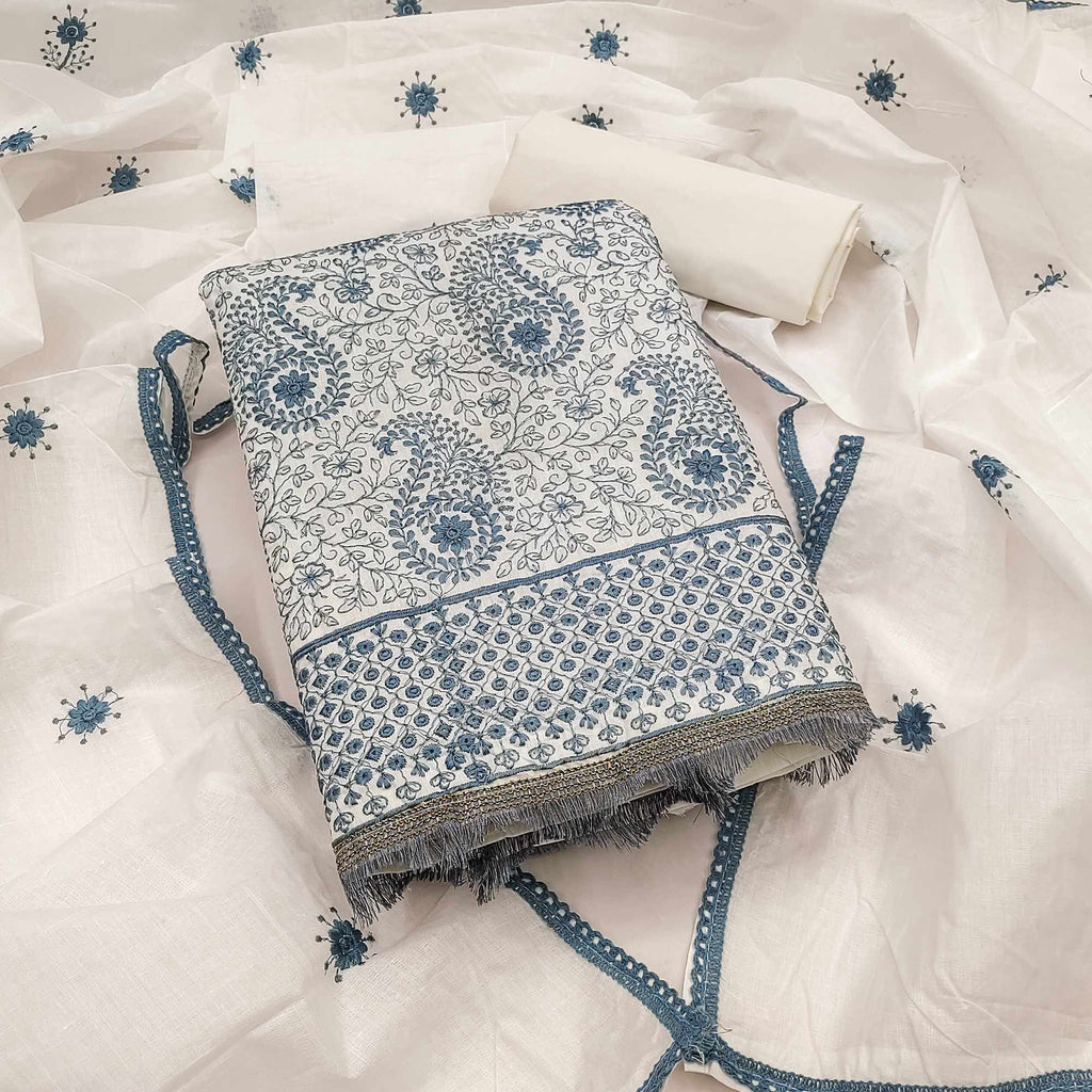 Cream Dress Material In Cotton Blend With Graceful Floral Thread Embroidery