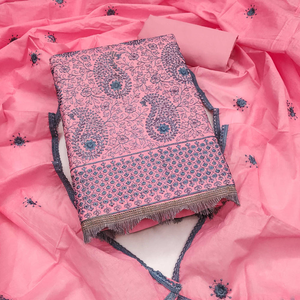 Pink Dress Material In Cotton Blend With Graceful Floral Thread Embroidery