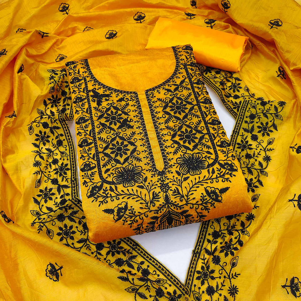Festive Mustard Floral Embroidered Dress Material in Sheer Chanderi Silk