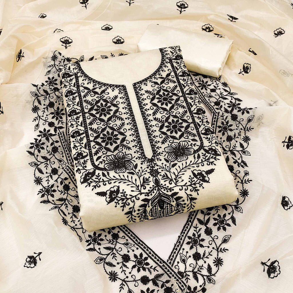 Festive Off White Floral Embroidered Dress Material in Sheer Chanderi Silk