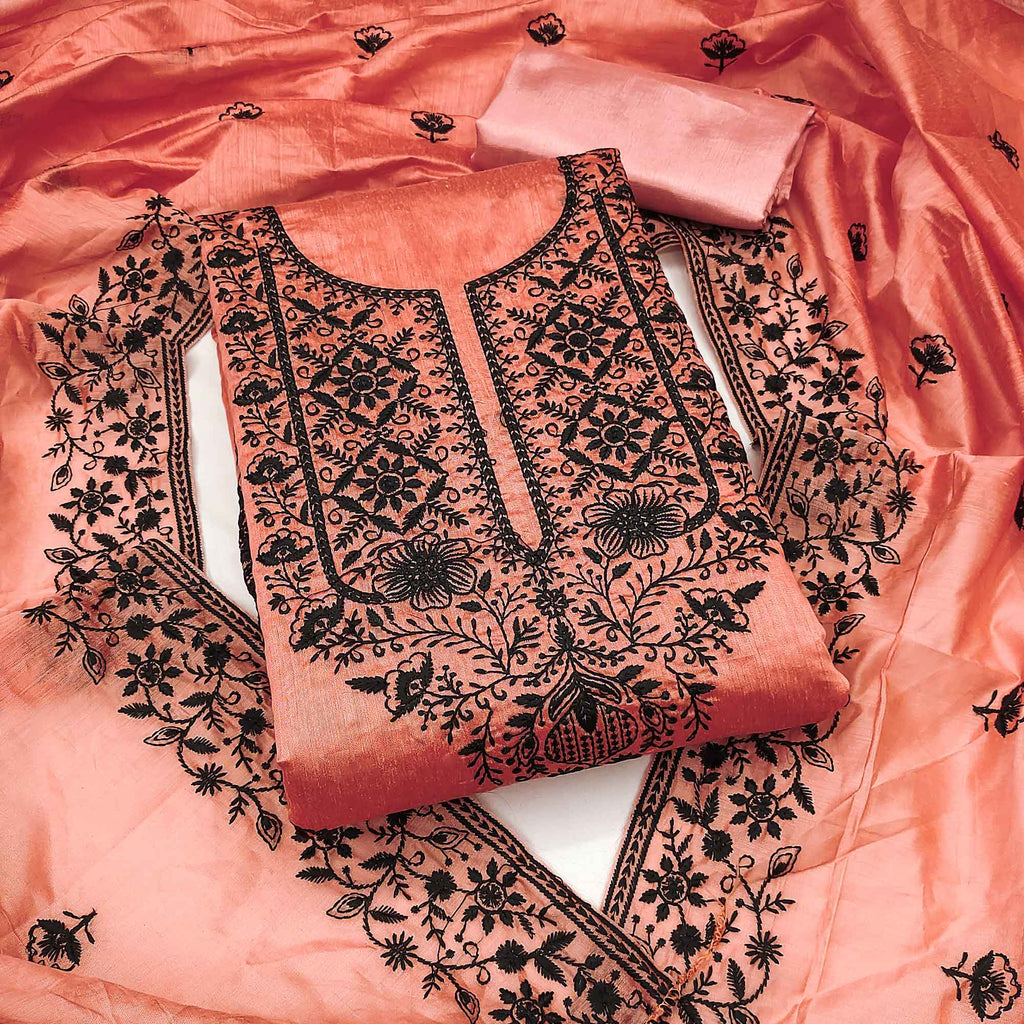 Festive Peach Floral Embroidered Dress Material in Sheer Chanderi Silk