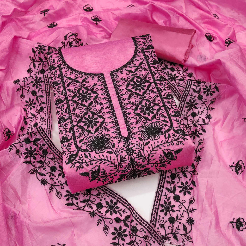 Festive Pink Floral Embroidered Dress Material in Sheer Chanderi Silk