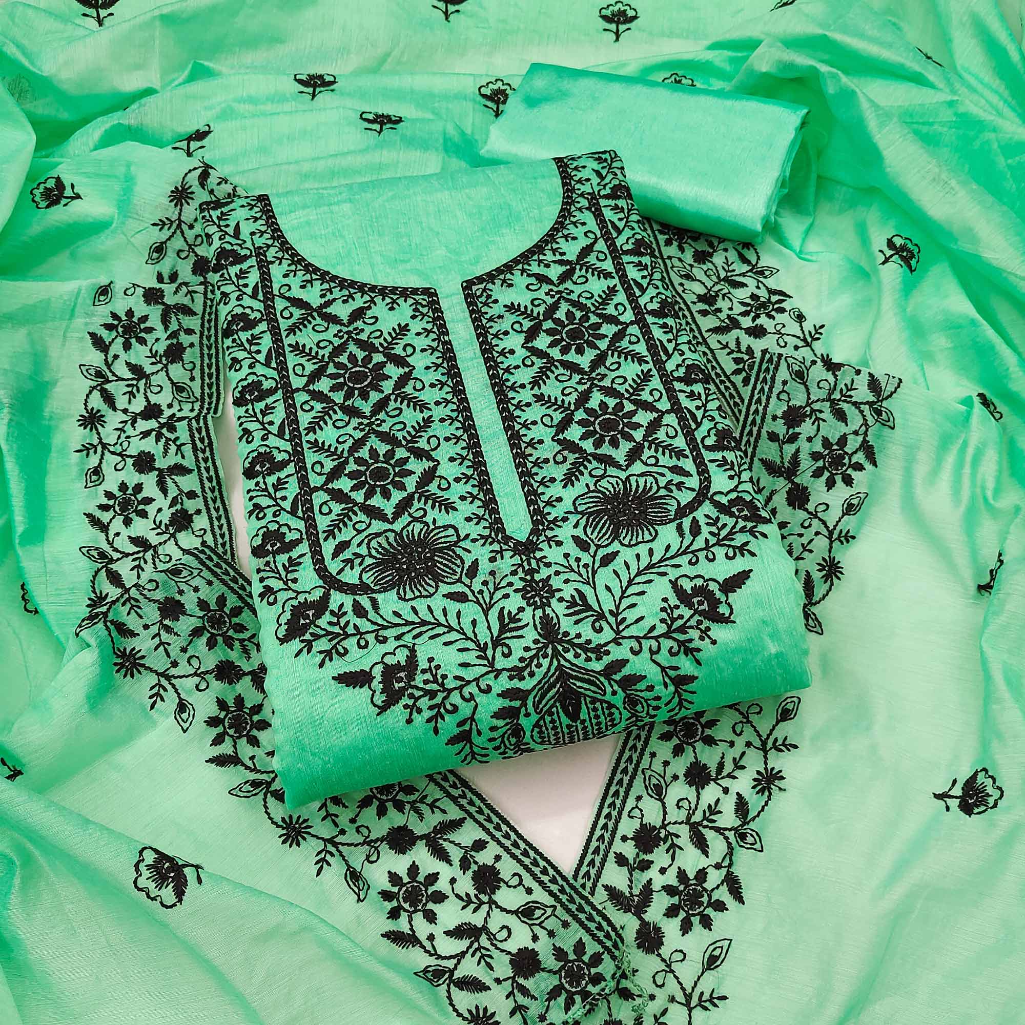 Festive Sea Green Floral Embroidered Dress Material in Sheer Chanderi Silk