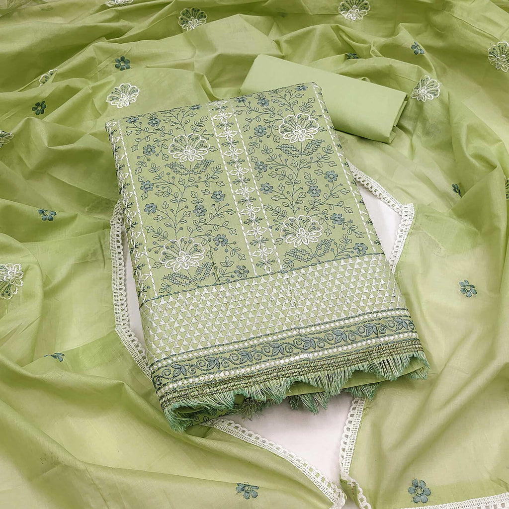 Green Floral Embroidery Cotton Fabric for Ethnic Wear and Everyday Grace