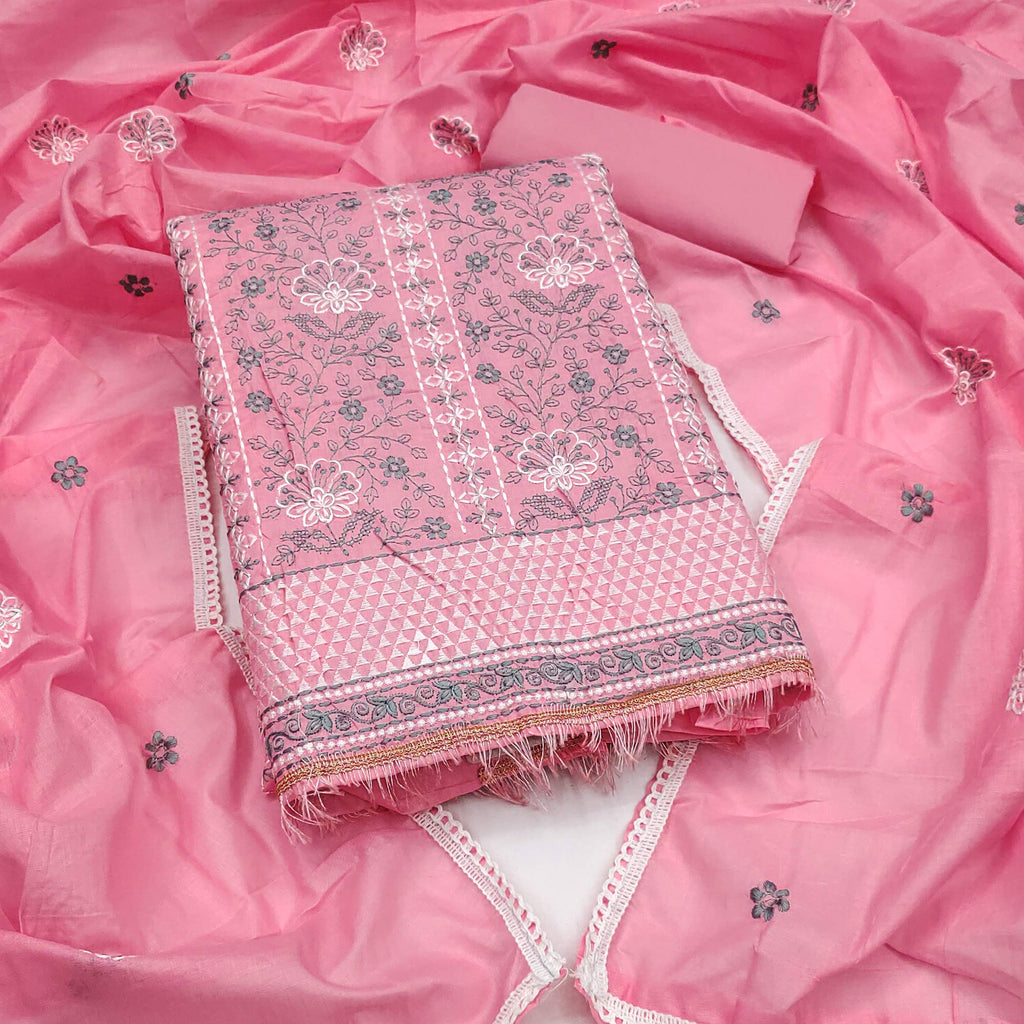 Pink Floral Embroidery Cotton Fabric for Ethnic Wear and Everyday Grace