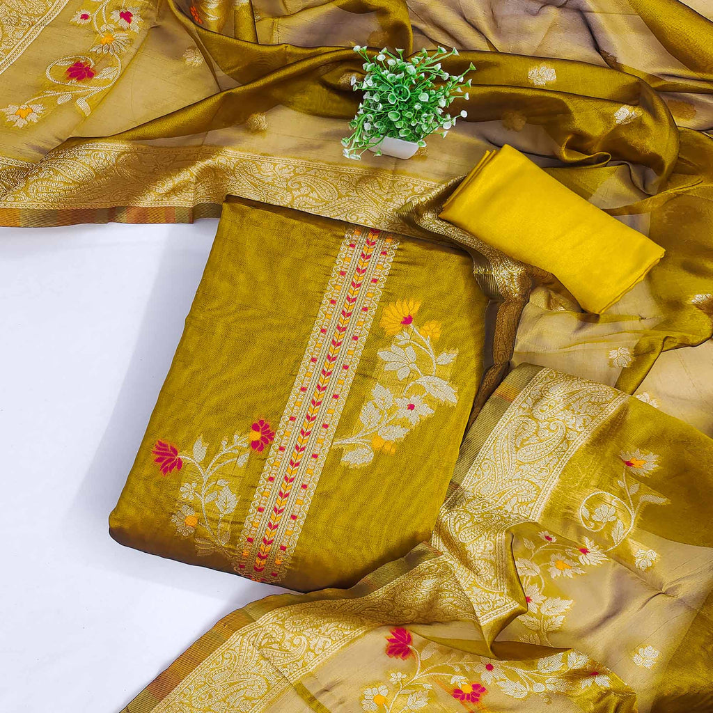 Dark Mustard Chanderi Silk Dress Material Adorned With Elegant Floral Zari Weaving