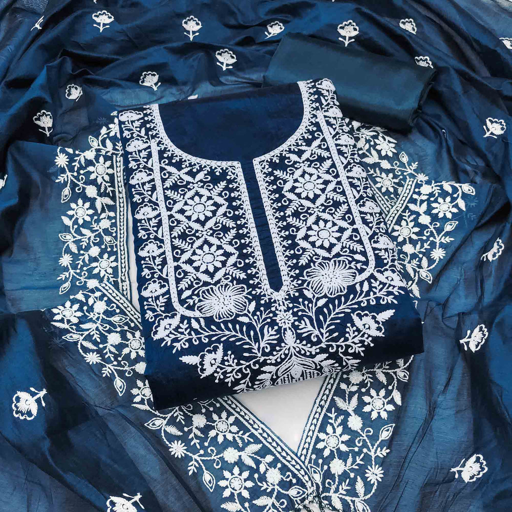 Blue Chanderi Silk Dress Material Enhanced with Delicate Floral Thread Embroidery