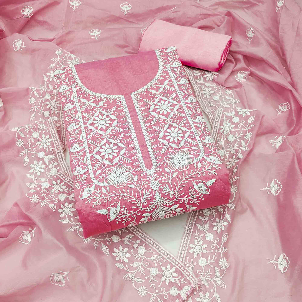 Pink Chanderi Silk Dress Material Enhanced with Delicate Floral Thread Embroidery