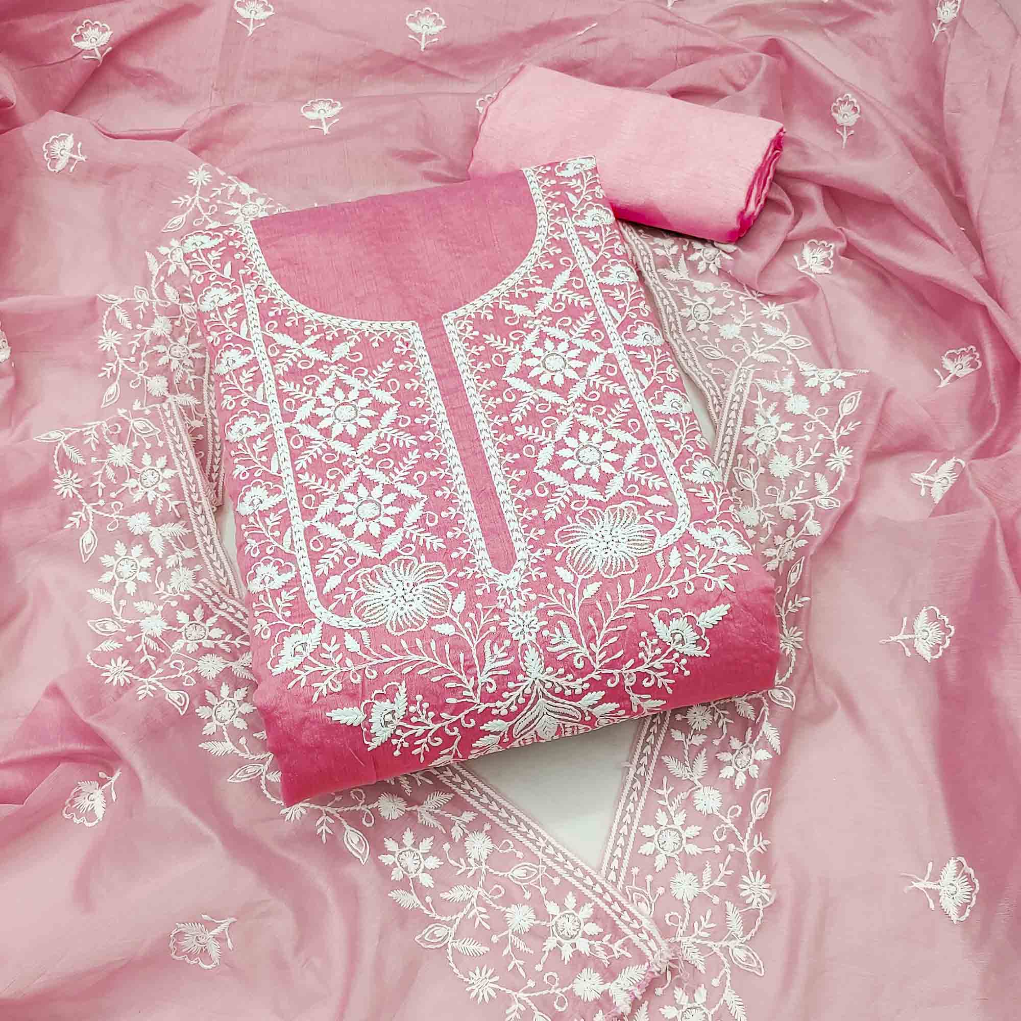 Pink Chanderi Silk Dress Material Enhanced with Delicate Floral Thread Embroidery