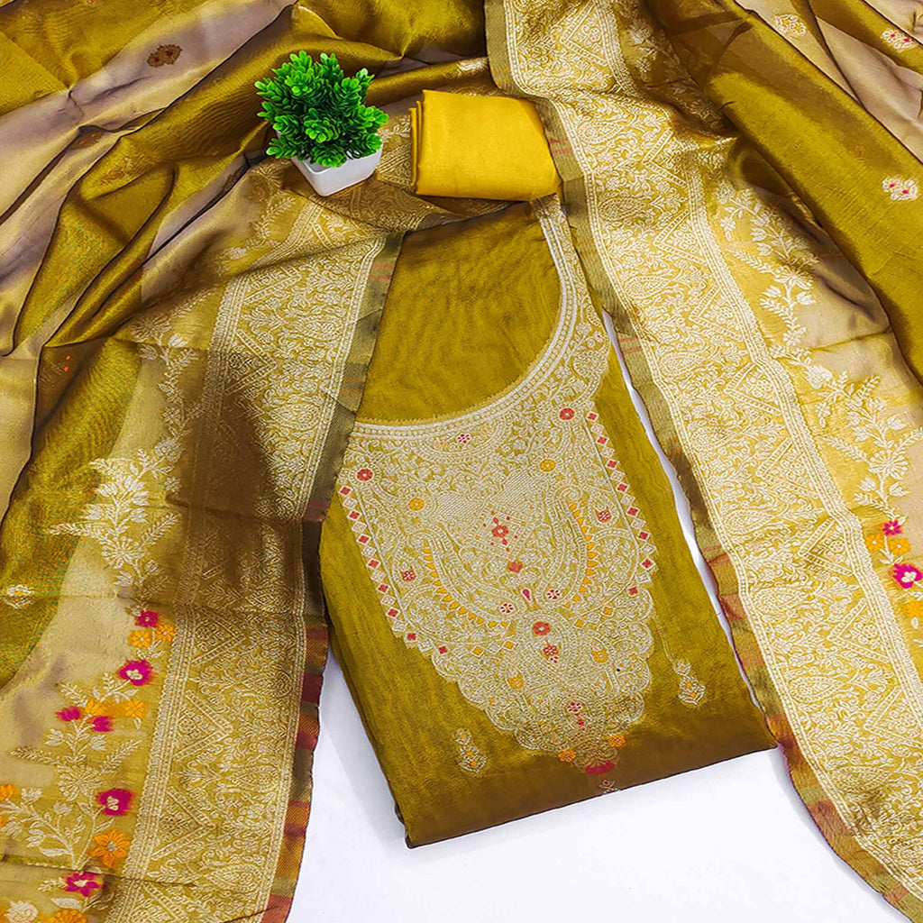 Dark Mustard Chanderi Silk Fabric with Intricate Floral Zari Woven Detailing