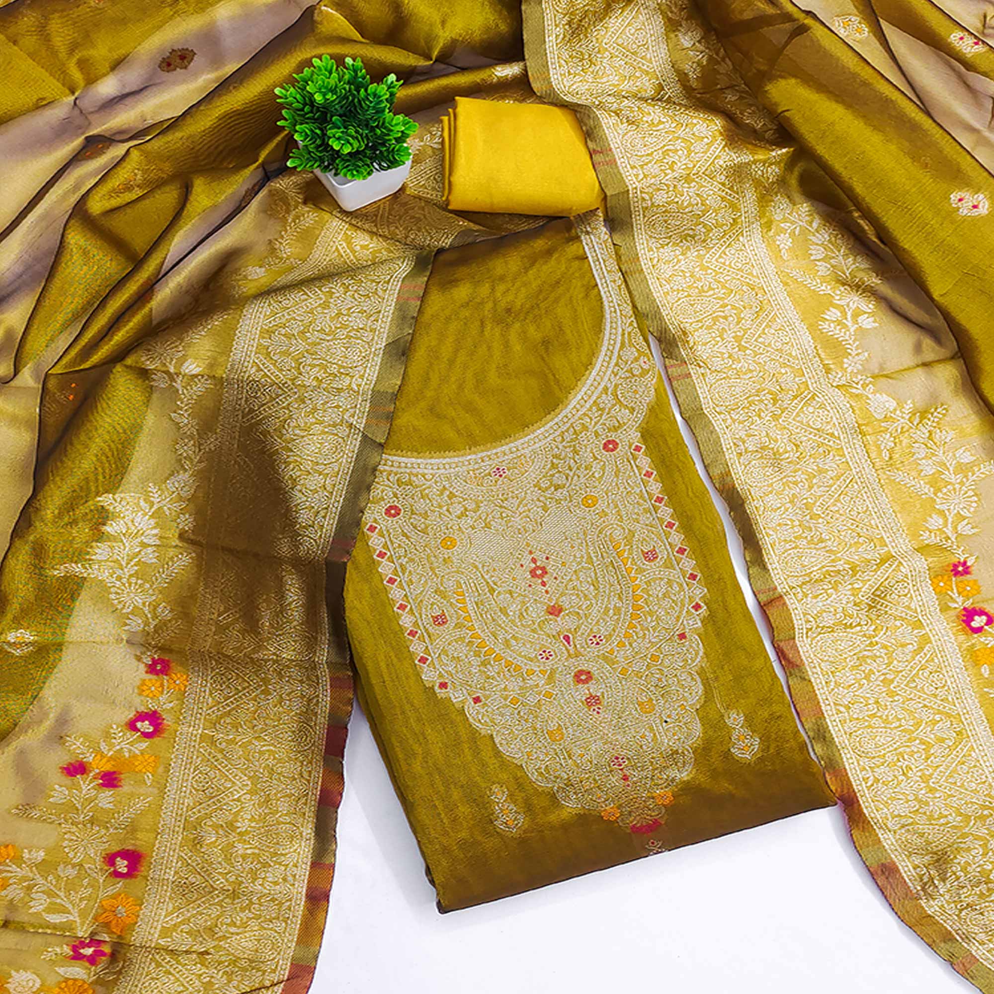 Dark Mustard Chanderi Silk Fabric with Intricate Floral Zari Woven Detailing