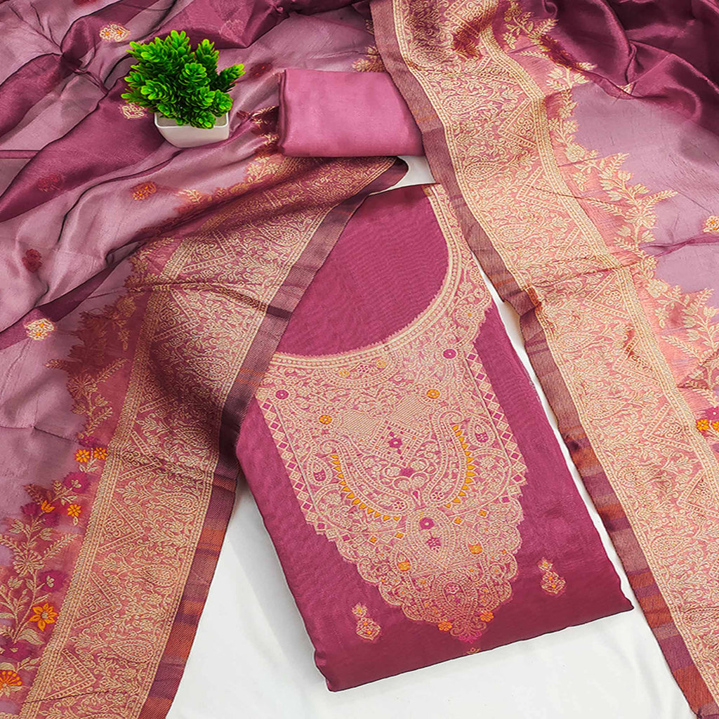 Pink Chanderi Silk Fabric with Intricate Floral Zari Woven Detailing