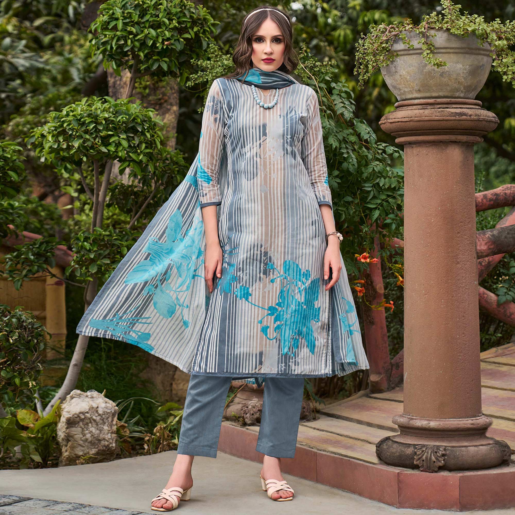 Grey Floral Printed Pure Cotton Dress Material