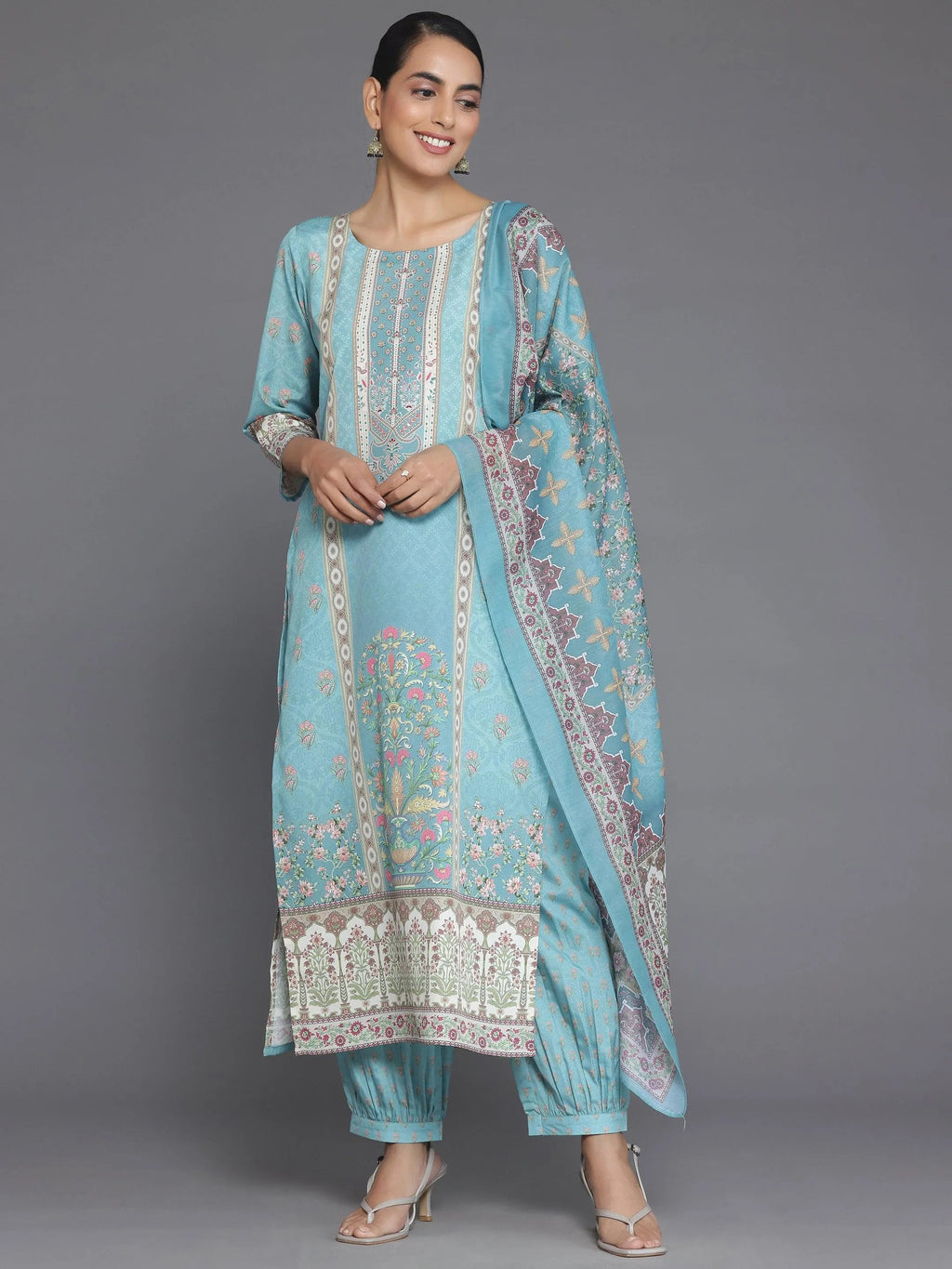 Blue Printed Poly Crepe Straight Suit With Dupatta