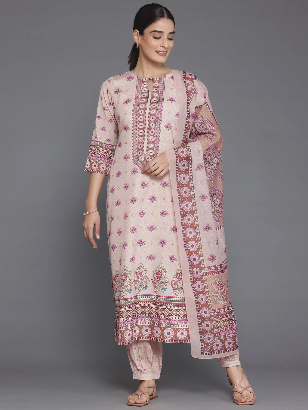 Peach Printed Poly Crepe Straight Suit With Dupatta