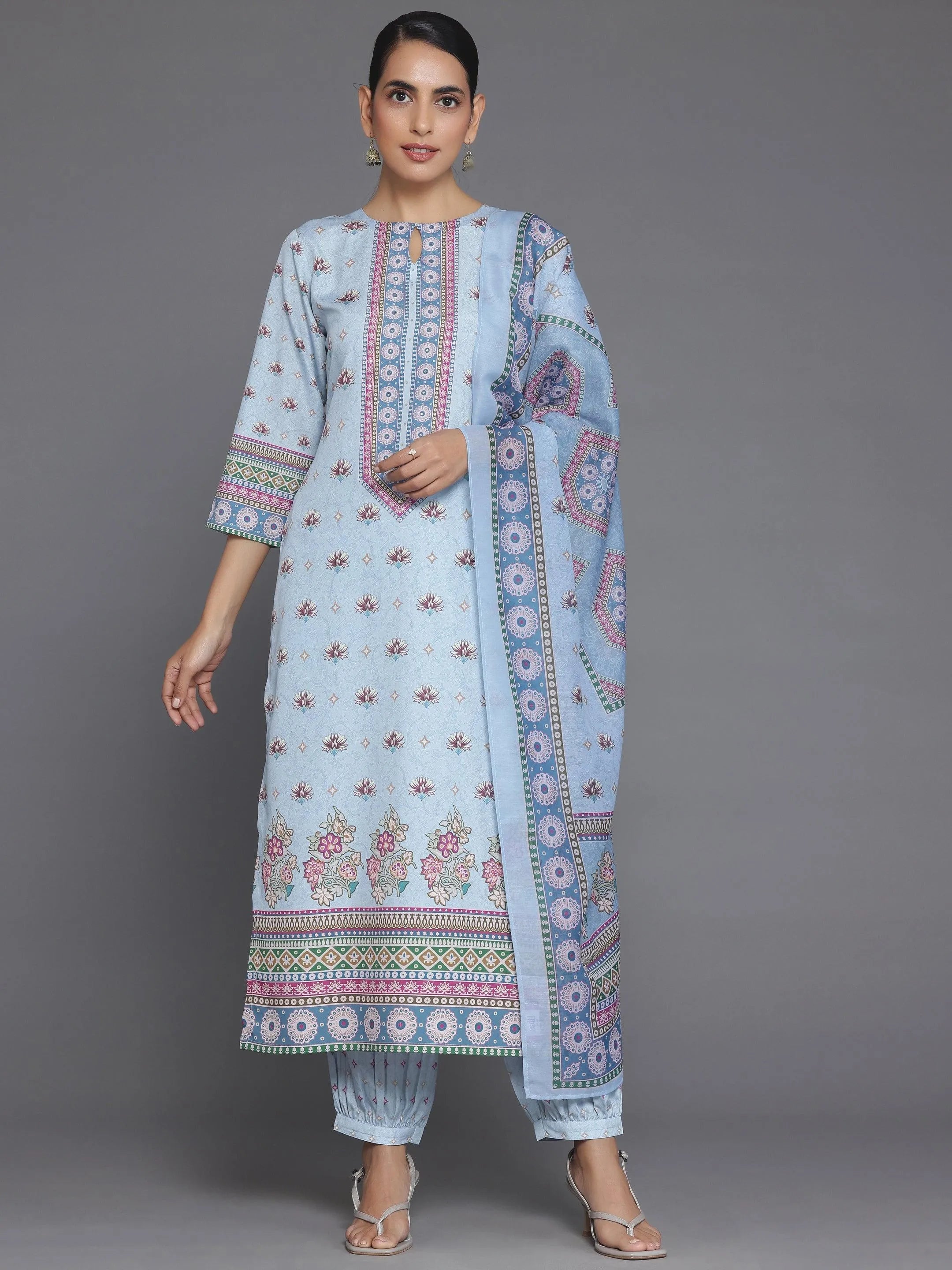 Blue Printed Poly Crepe Straight Suit With Dupatta