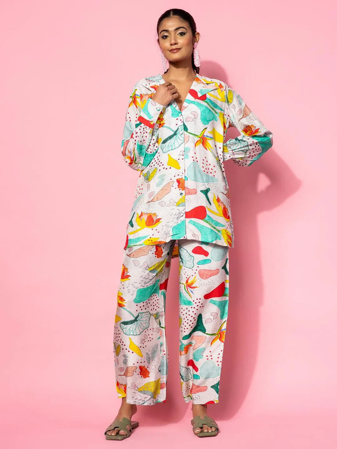 Grey Printed Silk Blend Co-Ords