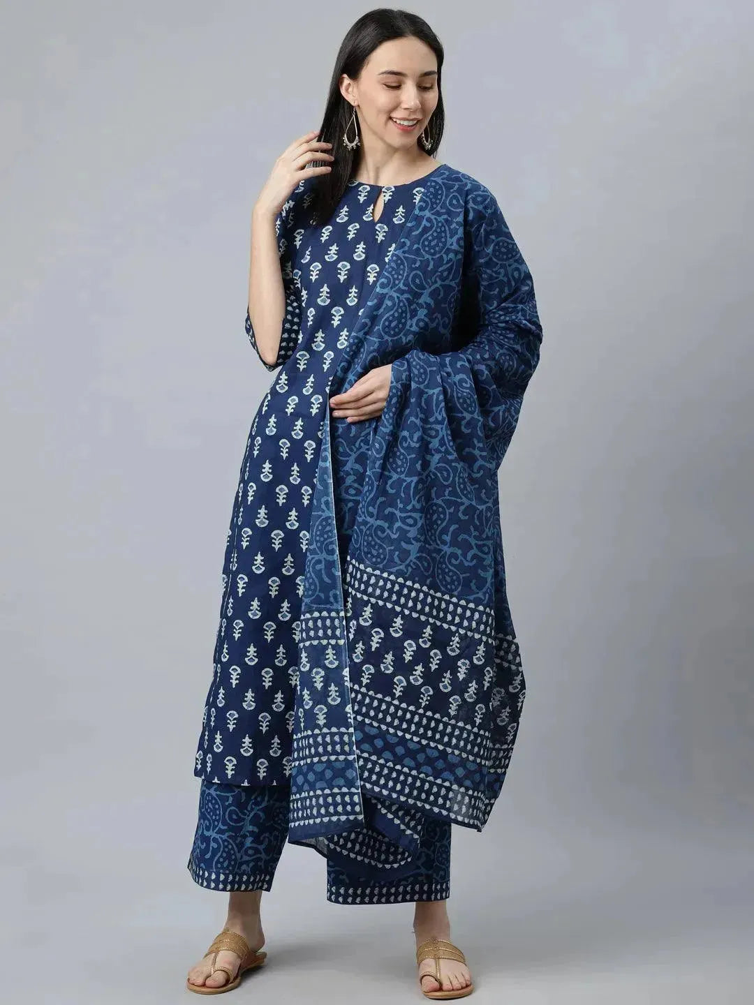 Blue Printed Cotton Straight Suit Set With Dupatta