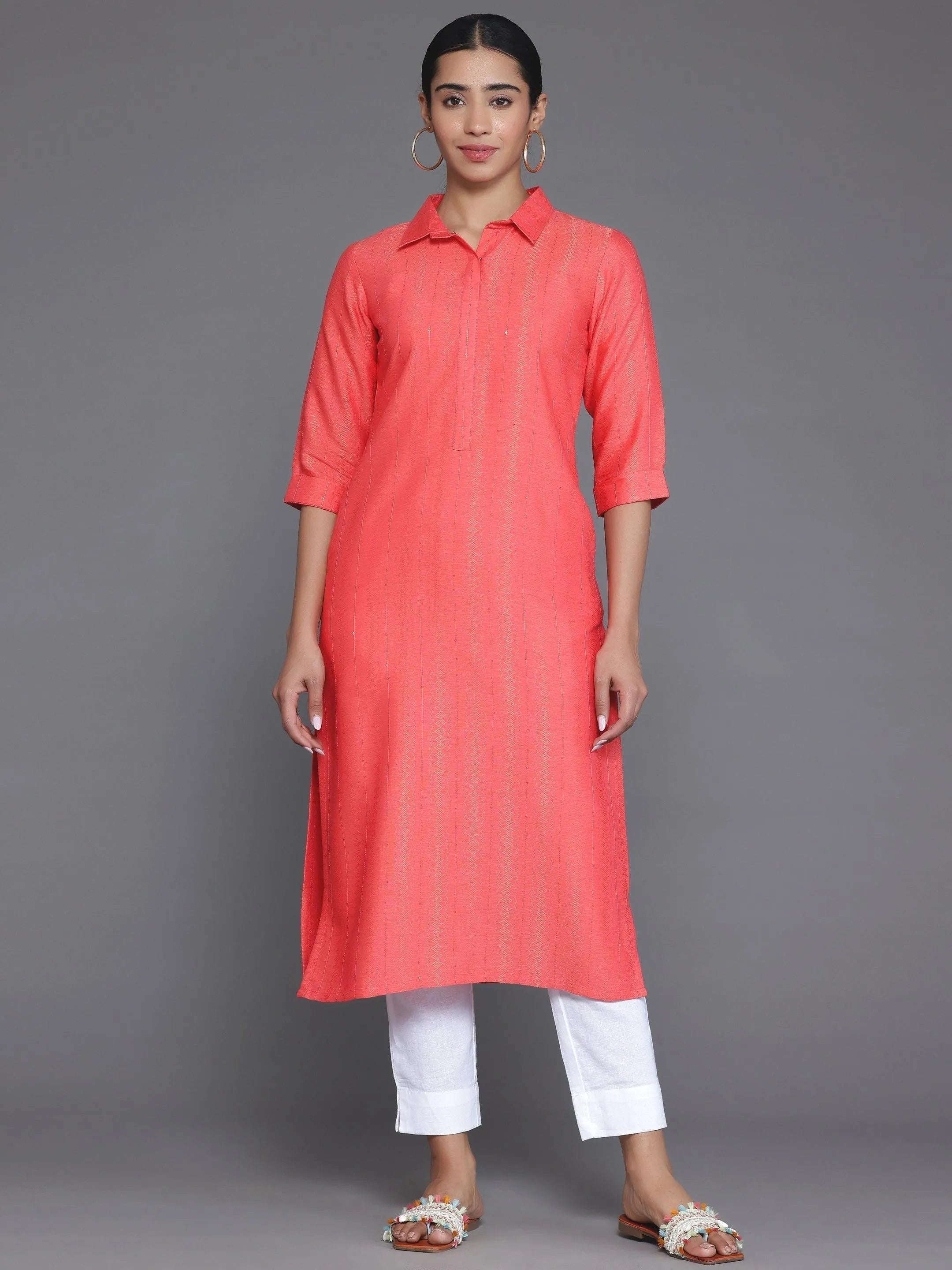 Coral Woven Design Cotton Straight Kurta - Libas