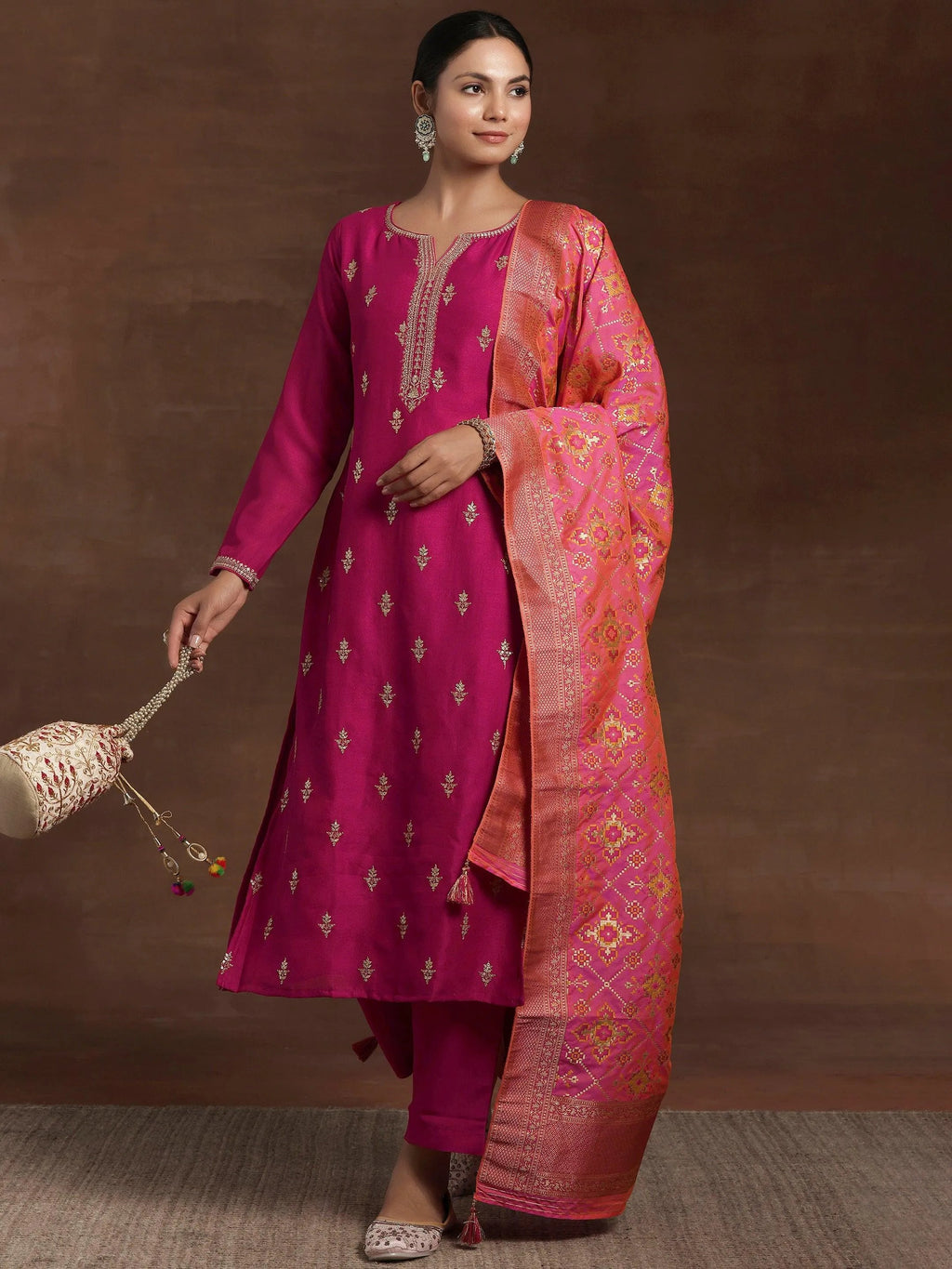 Pink Embroidered Silk Blend Straight Suit With Dupatta