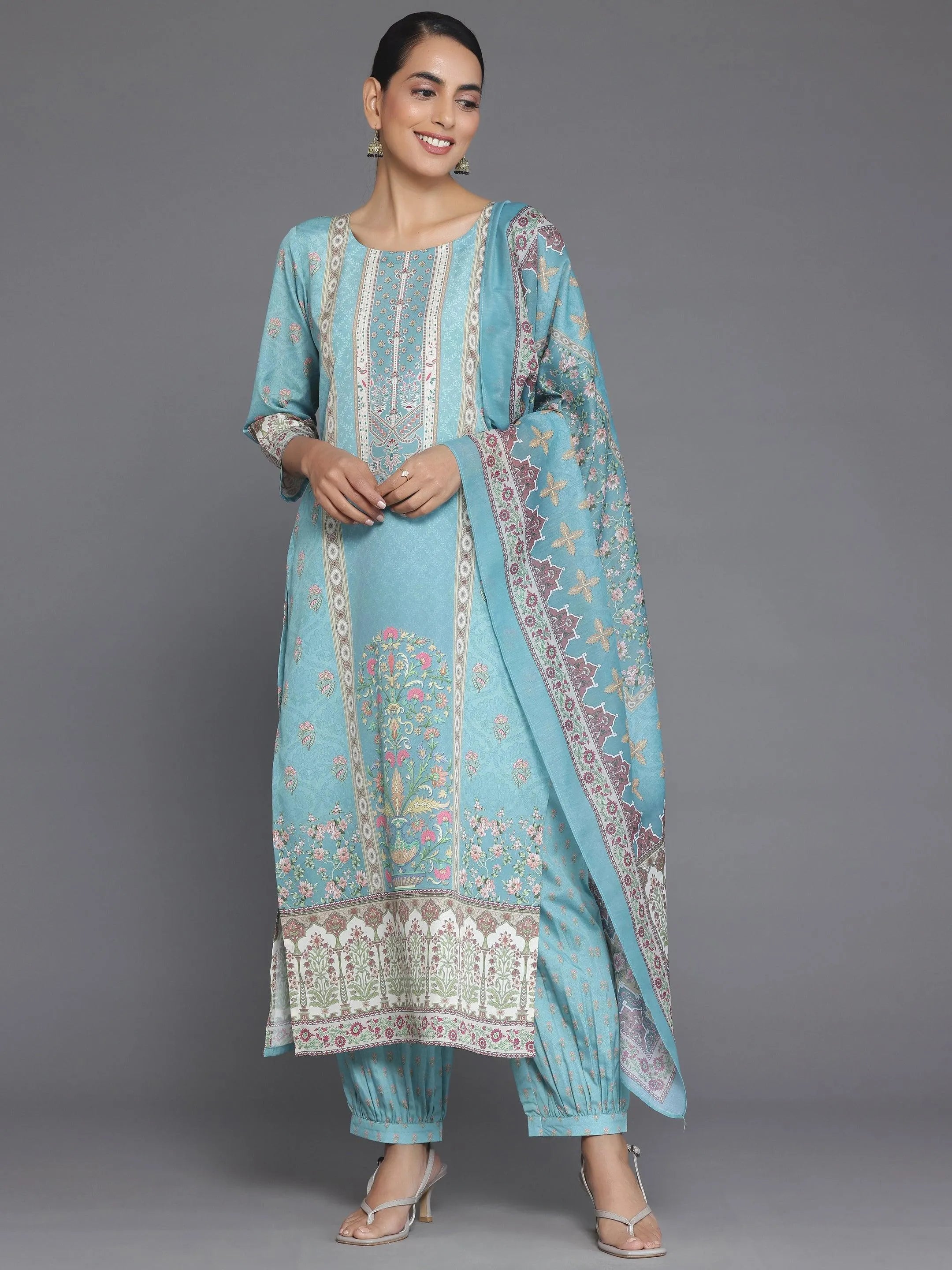 Blue Printed Poly Crepe Straight Suit With Dupatta