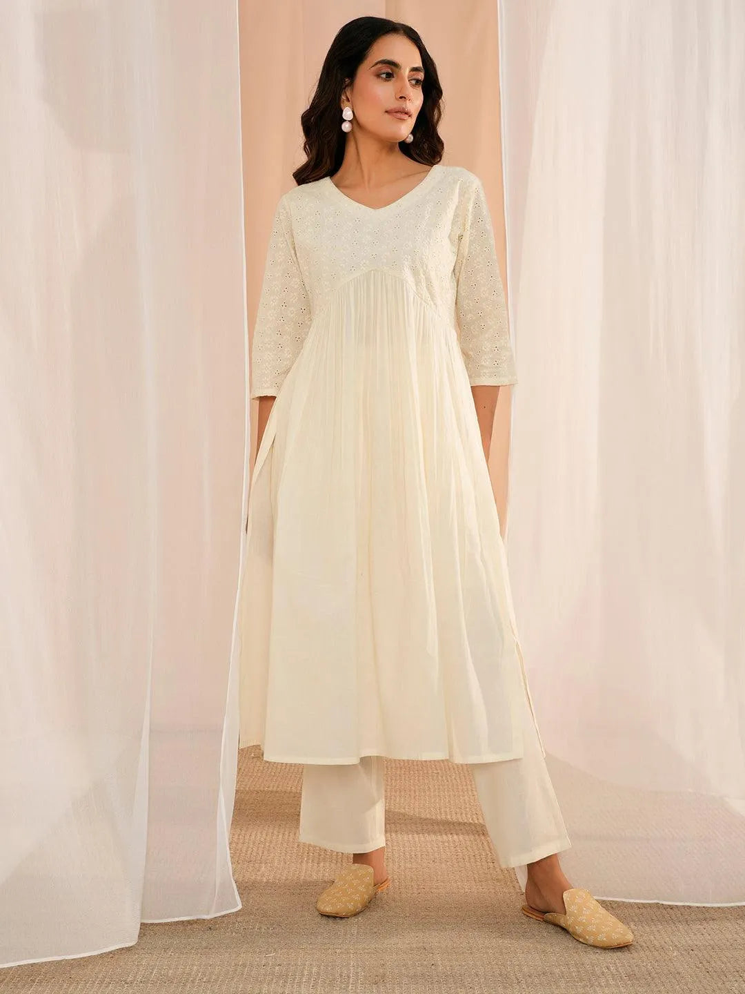 Off White Embroidered Cotton Straight Kurta Set