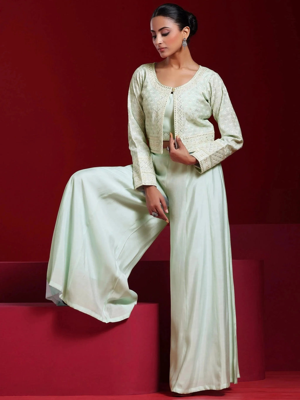 Libas Art Sea Green Solid Silk Blend 3 Piece Co-Ords