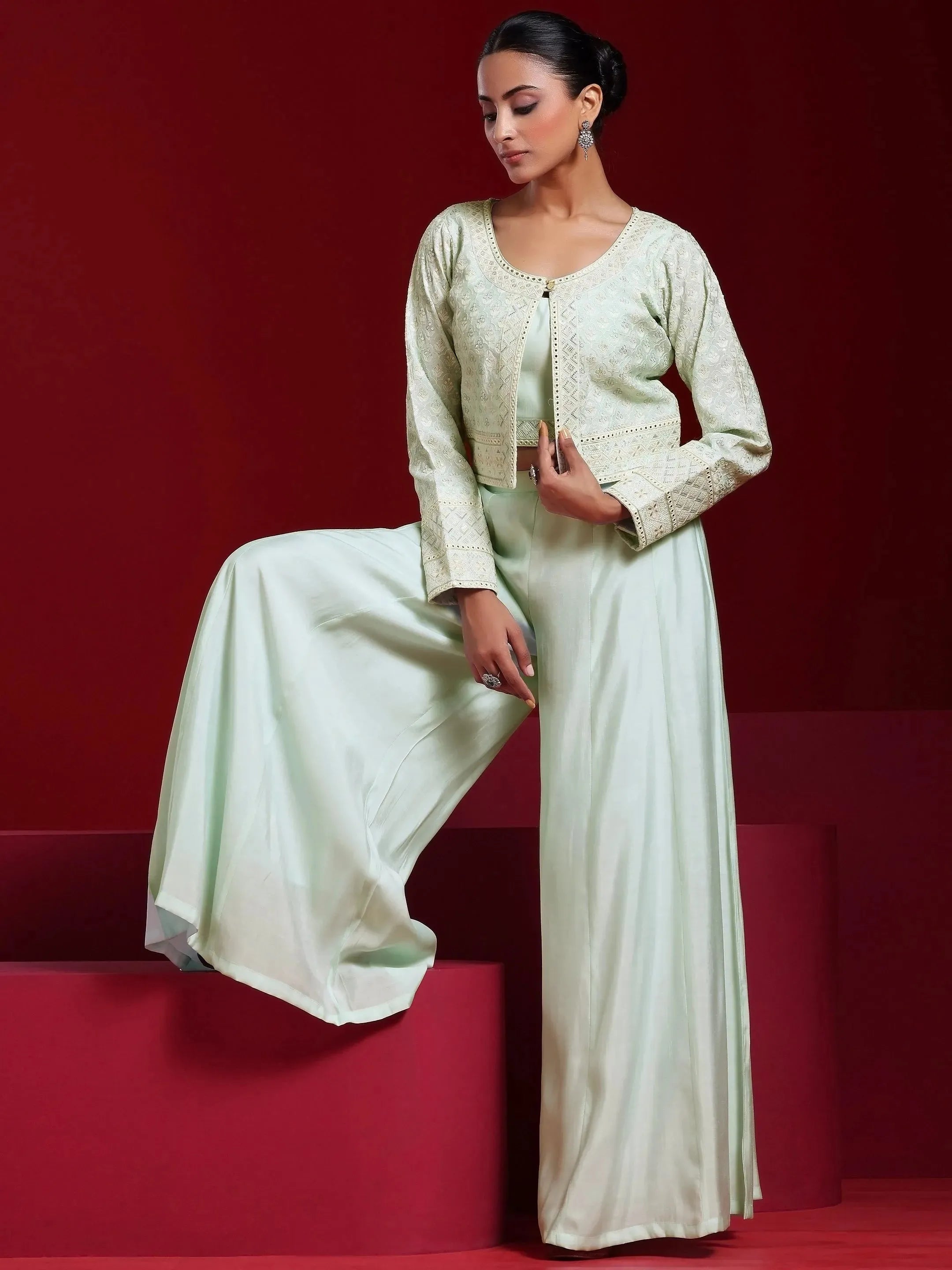 Libas Art Sea Green Solid Silk Blend 3 Piece Co-Ords