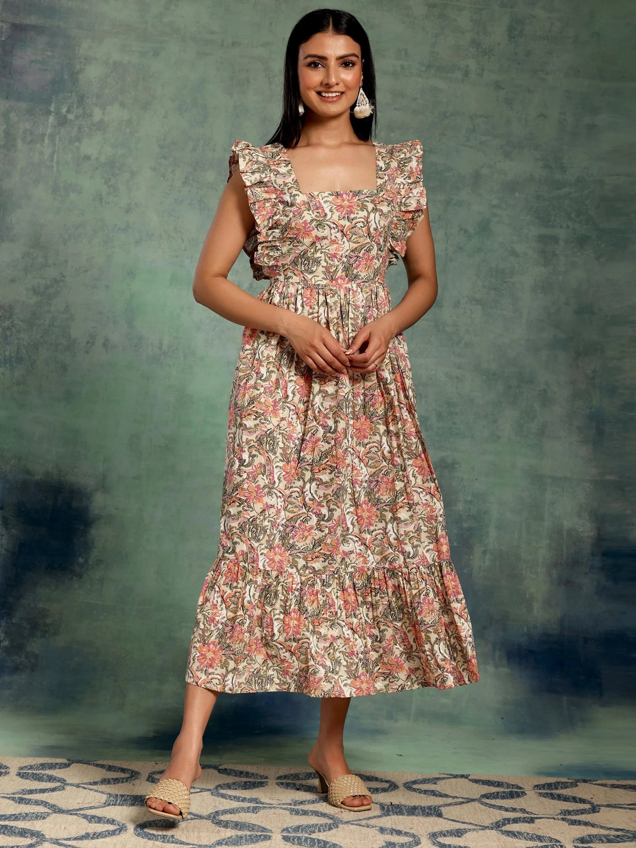 Multicoloured Printed Cotton Fit and Flare Dress