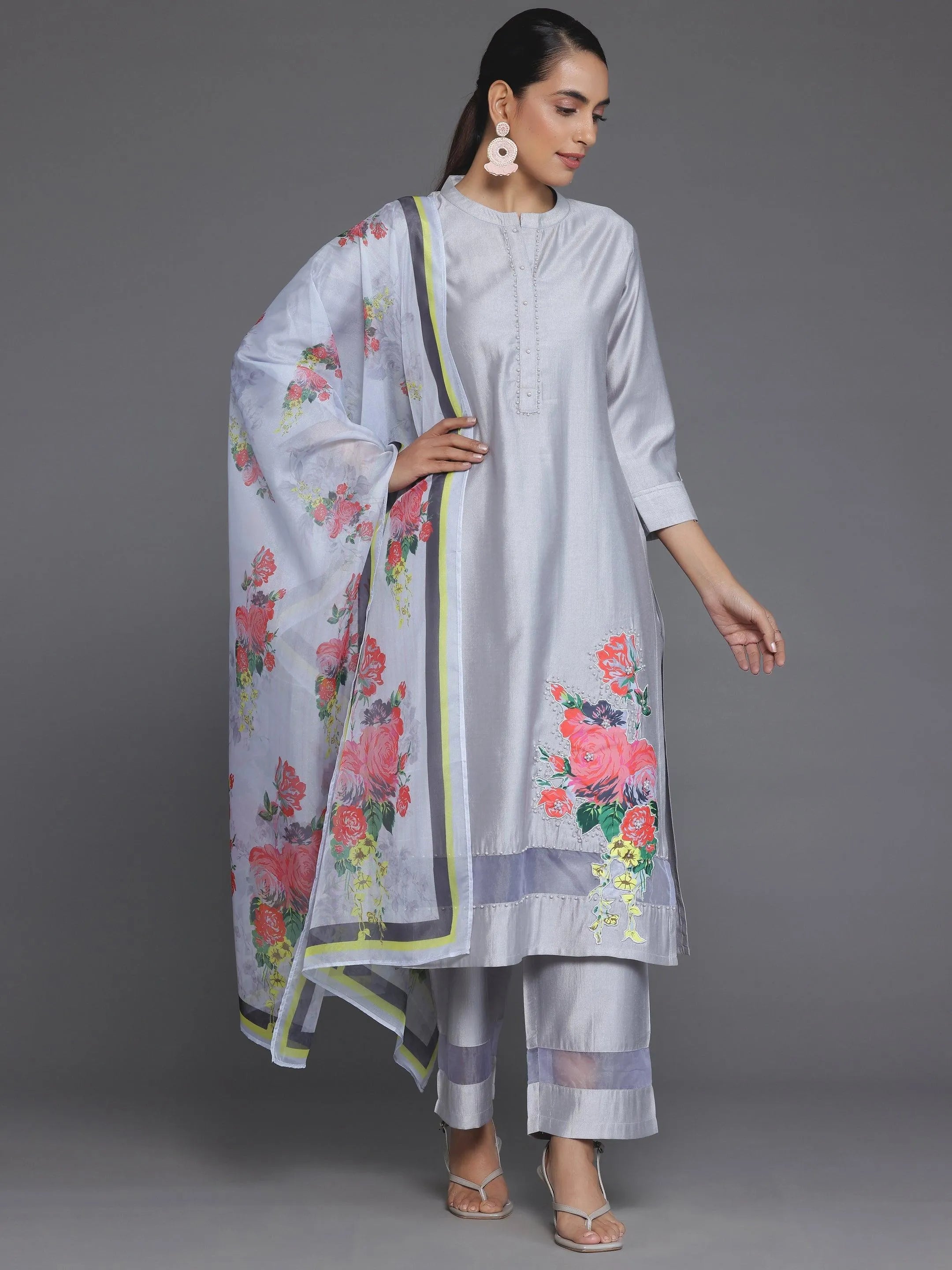 Grey Self Design Silk Blend Straight Suit With Dupatta