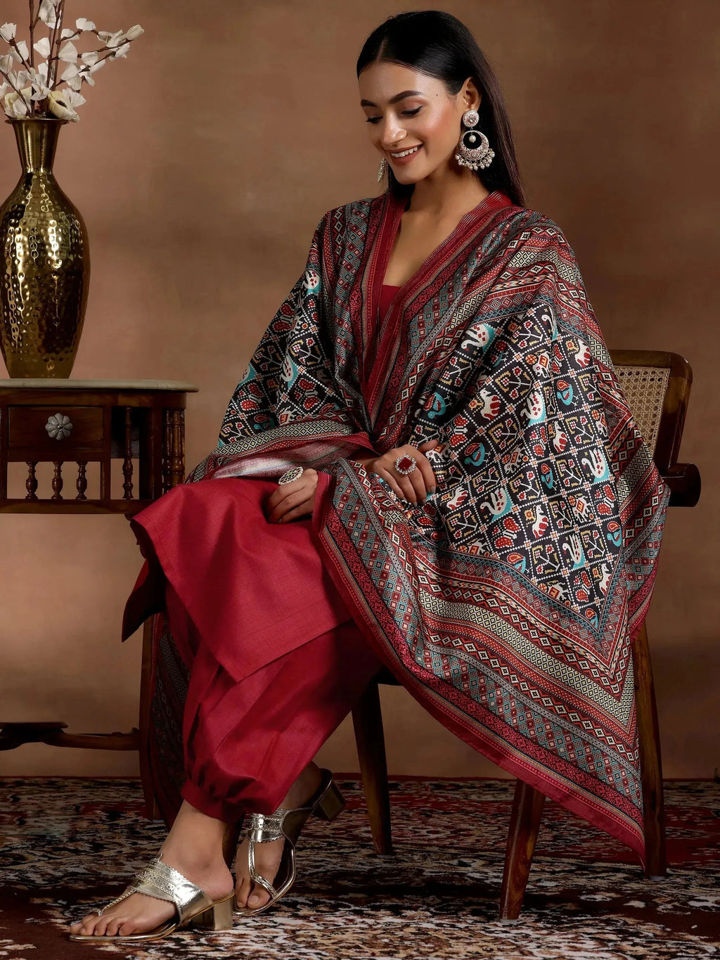 Maroon Solid Cotton Blend Straight Suit With Dupatta