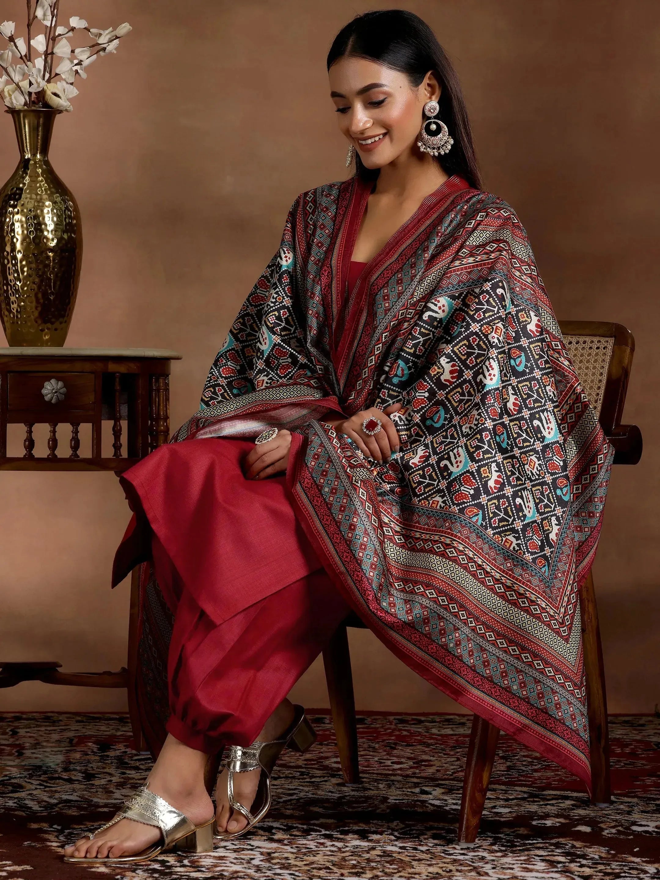 Maroon Solid Cotton Blend Straight Suit With Dupatta