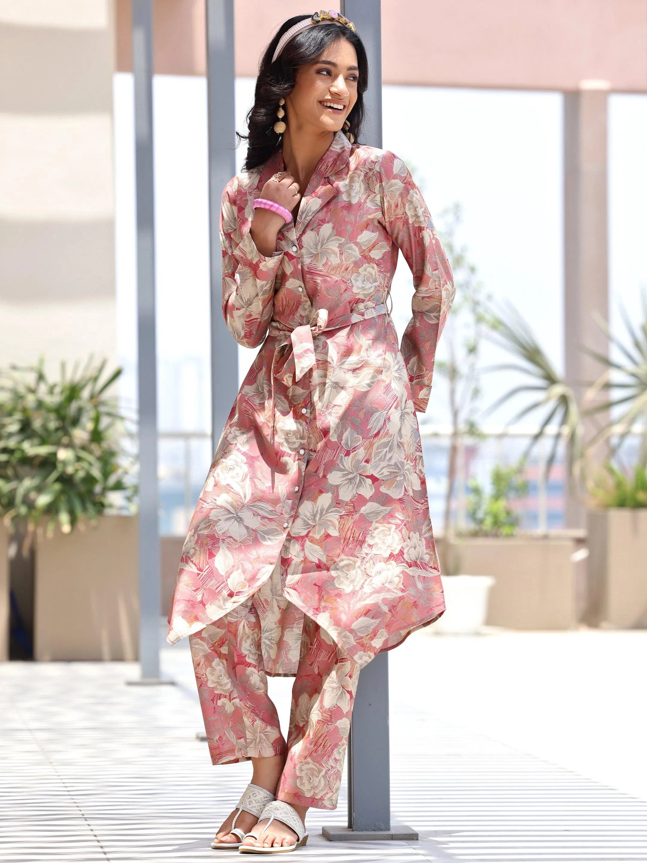 Pink Printed Silk Blend Co-Ords