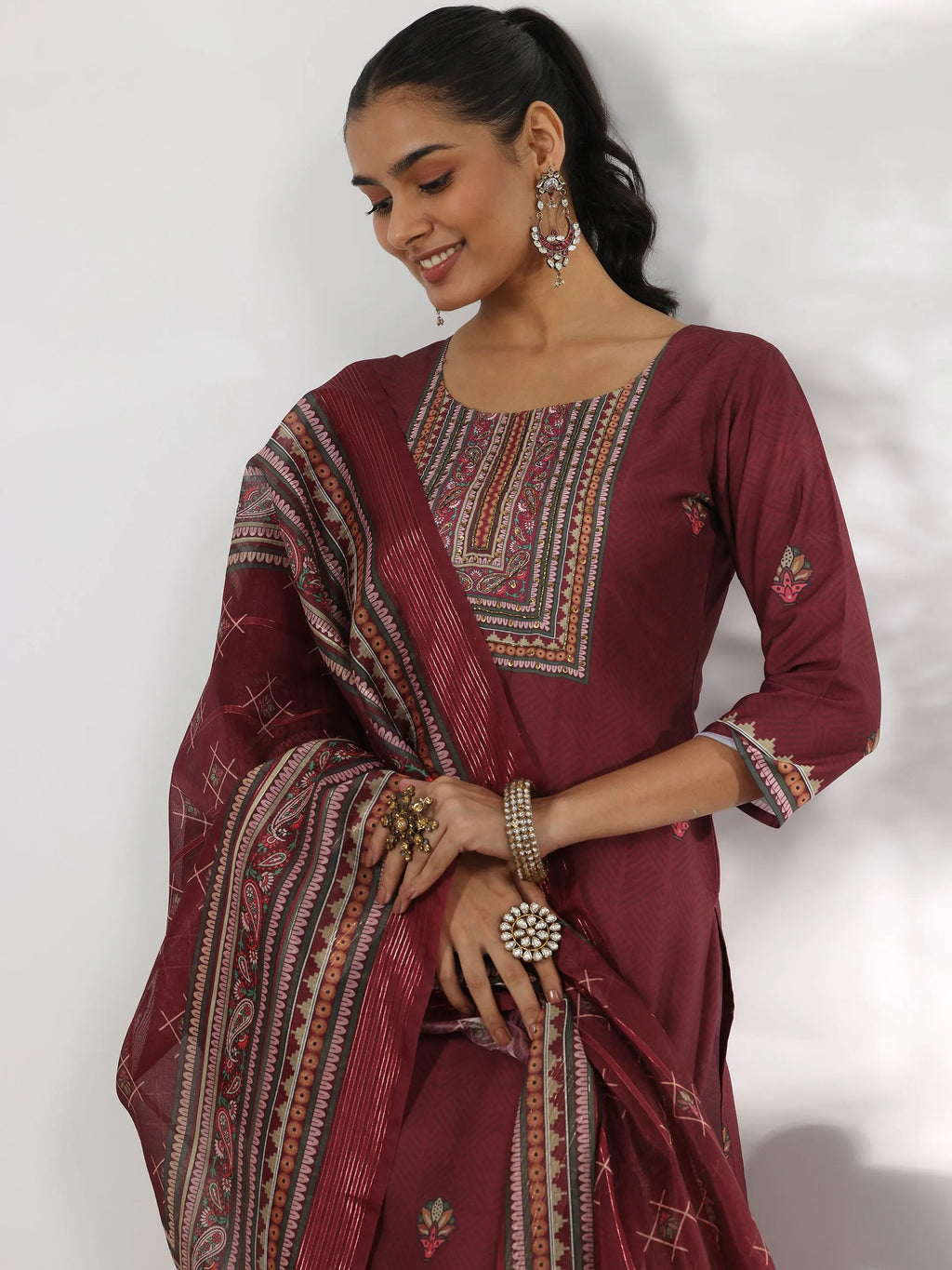 Maroon Printed Silk Blend Straight Suit With Dupatta