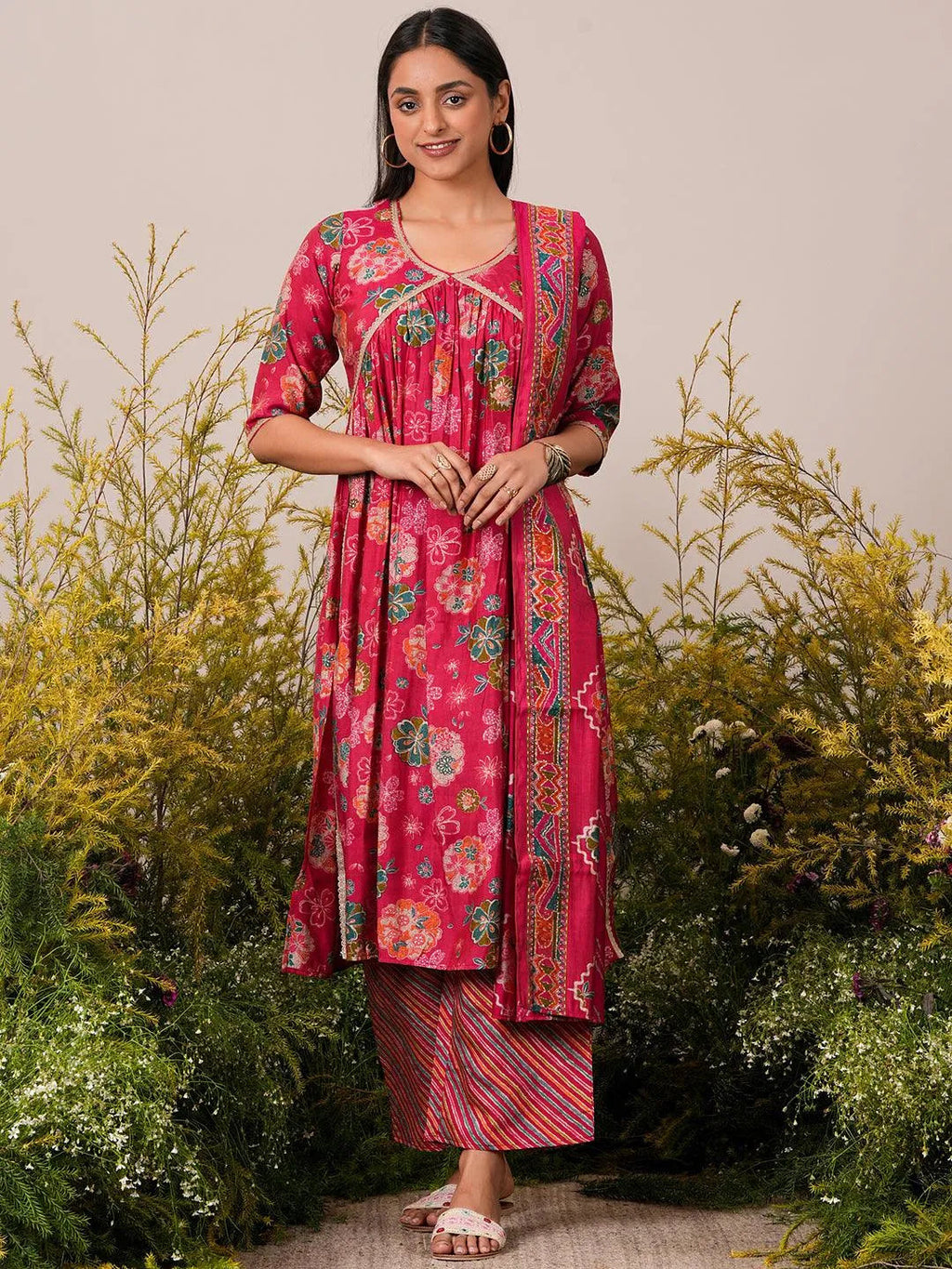 Pink Printed Silk Blend A-Line Kurta With Palazzos & Dupatta