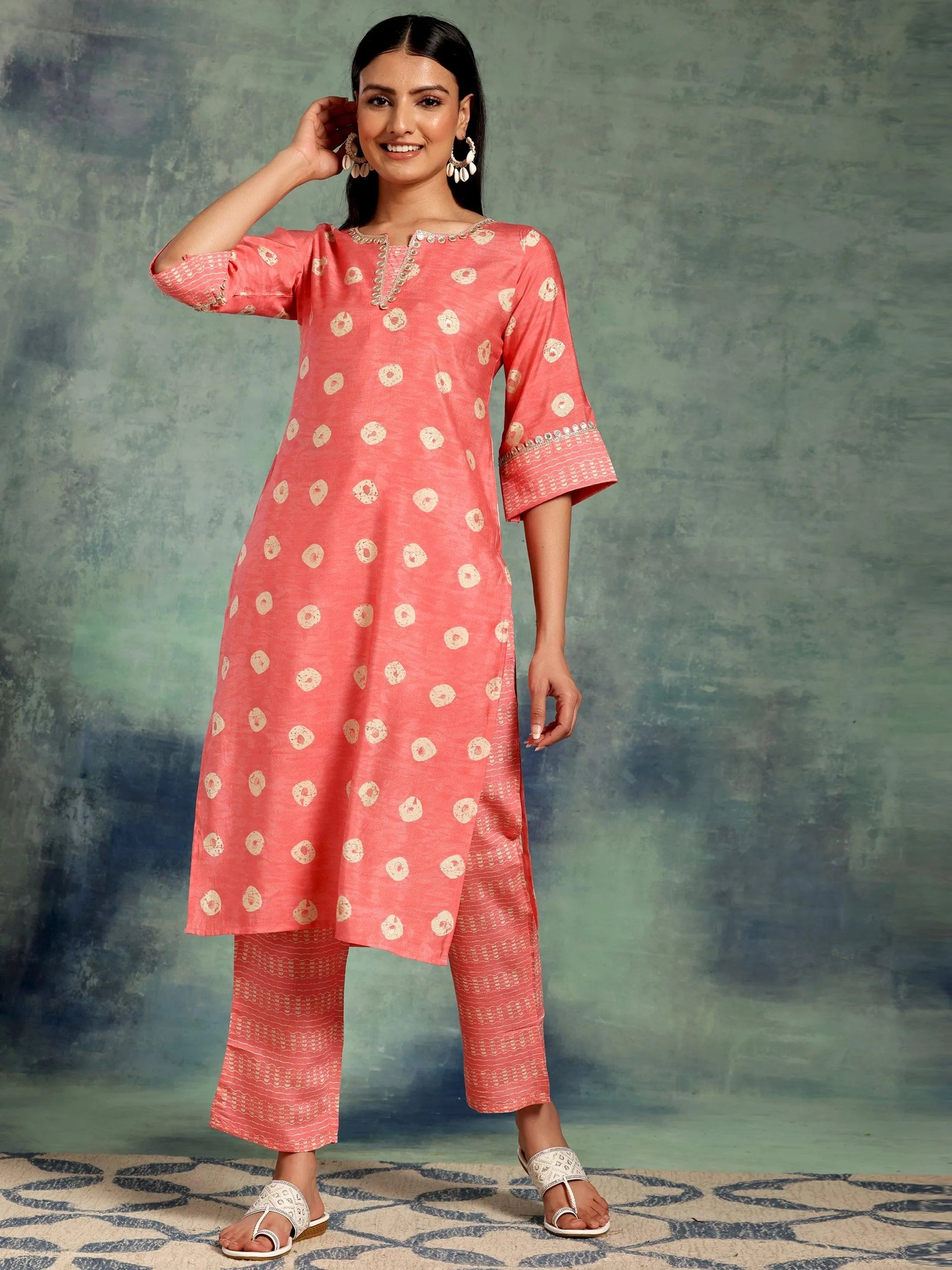 Peach Printed Silk Blend Straight Kurta Set