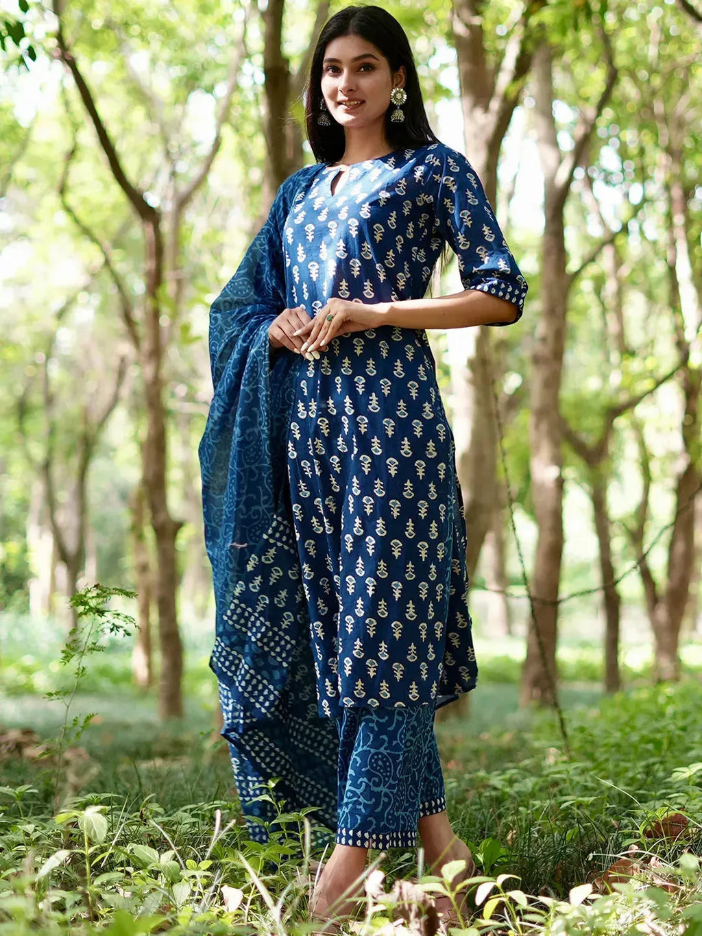 Blue Printed Cotton Straight Suit Set With Dupatta
