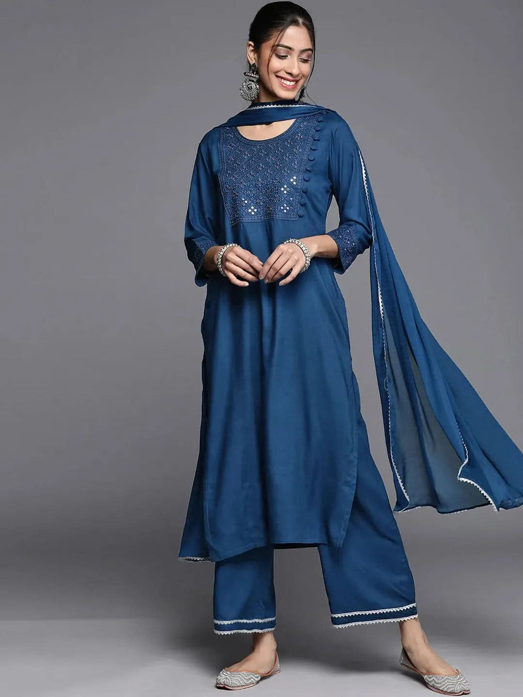 Blue Embroidered Rayon Straight Kurta With Palazzos & Dupatta