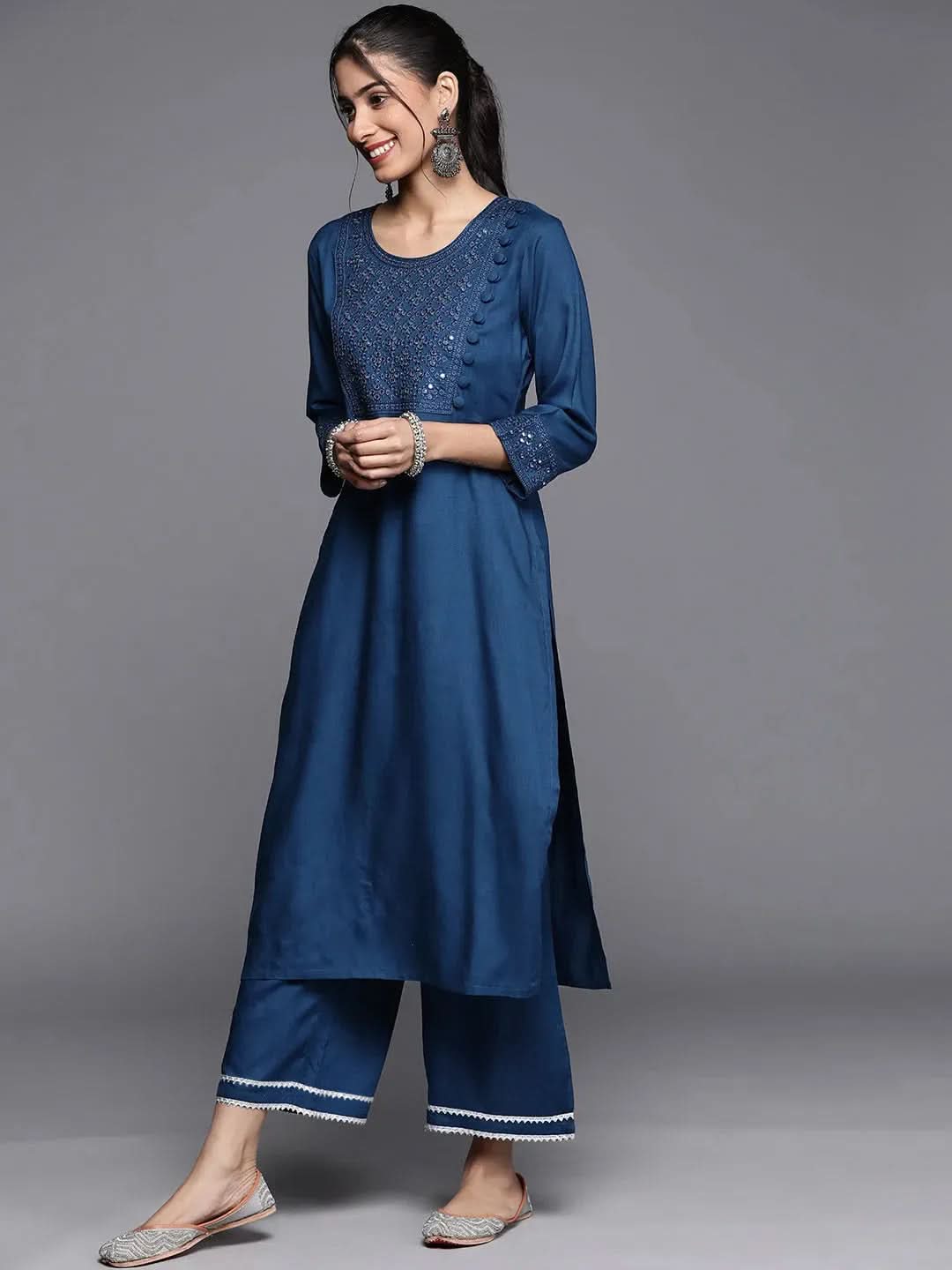 Blue Embroidered Rayon Straight Kurta With Palazzos & Dupatta