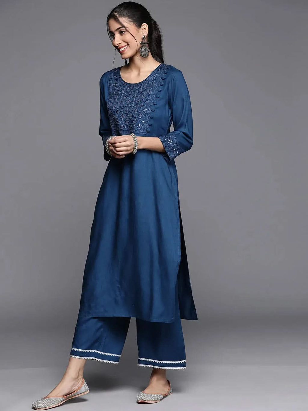 Blue Embroidered Rayon Straight Kurta With Palazzos & Dupatta