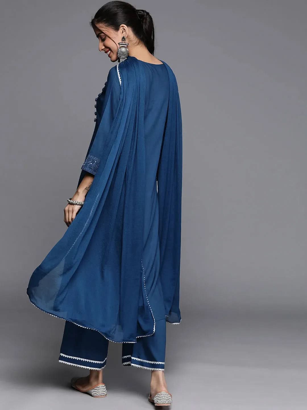 Blue Embroidered Rayon Straight Kurta With Palazzos & Dupatta