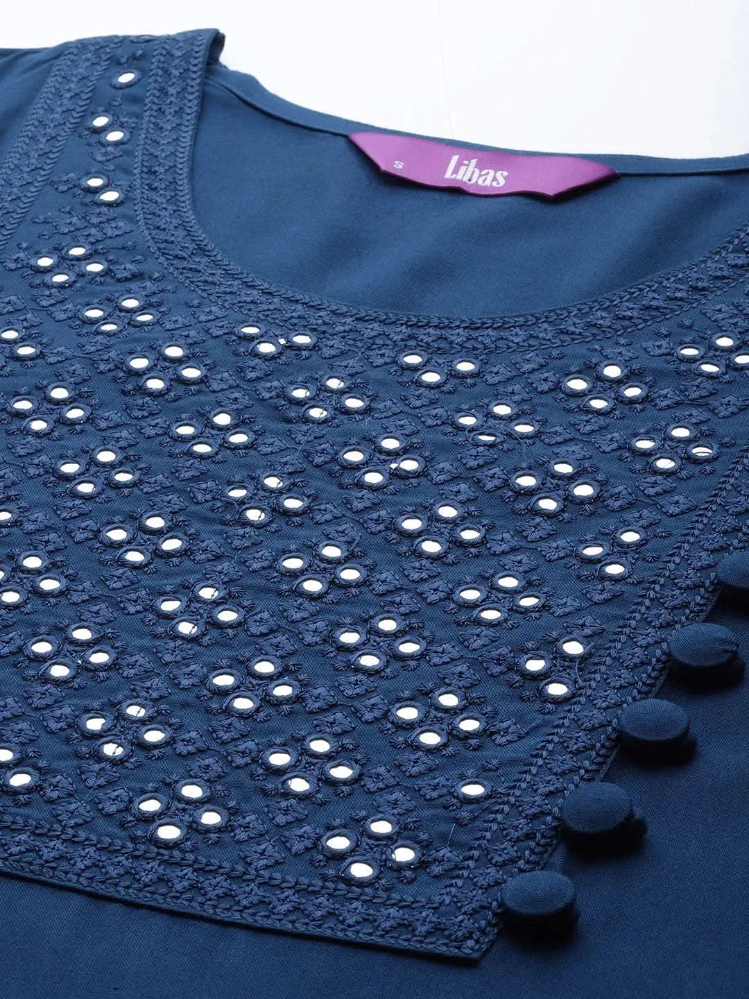 Blue Embroidered Rayon Straight Kurta With Palazzos & Dupatta