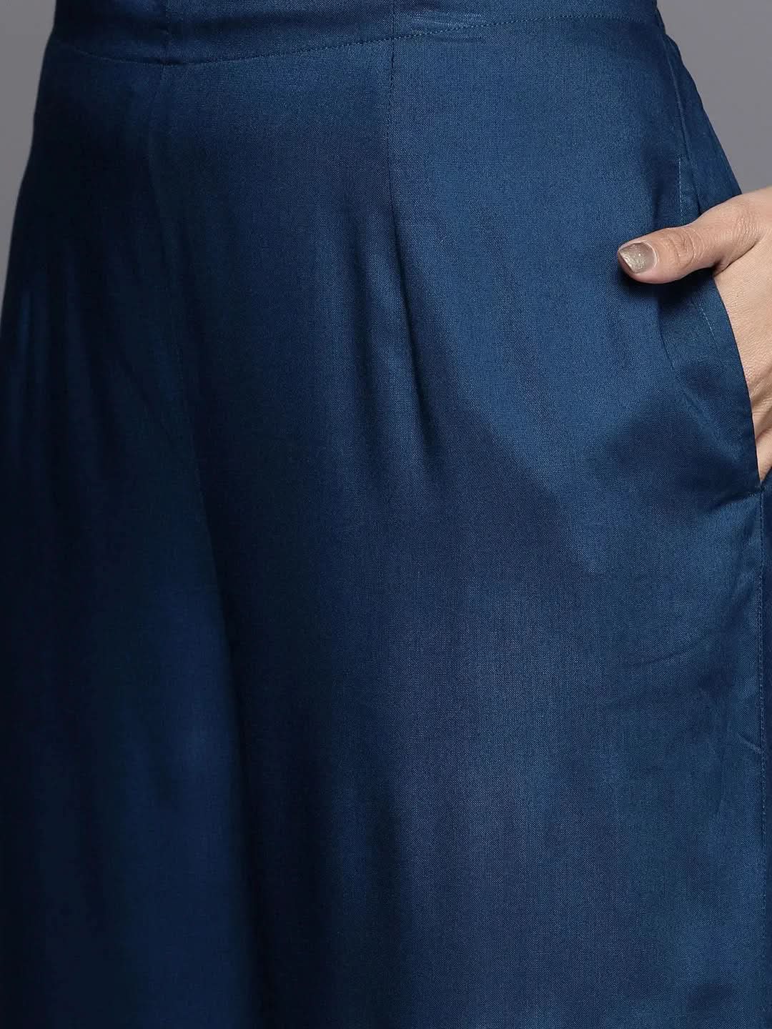 Blue Embroidered Rayon Straight Kurta With Palazzos & Dupatta