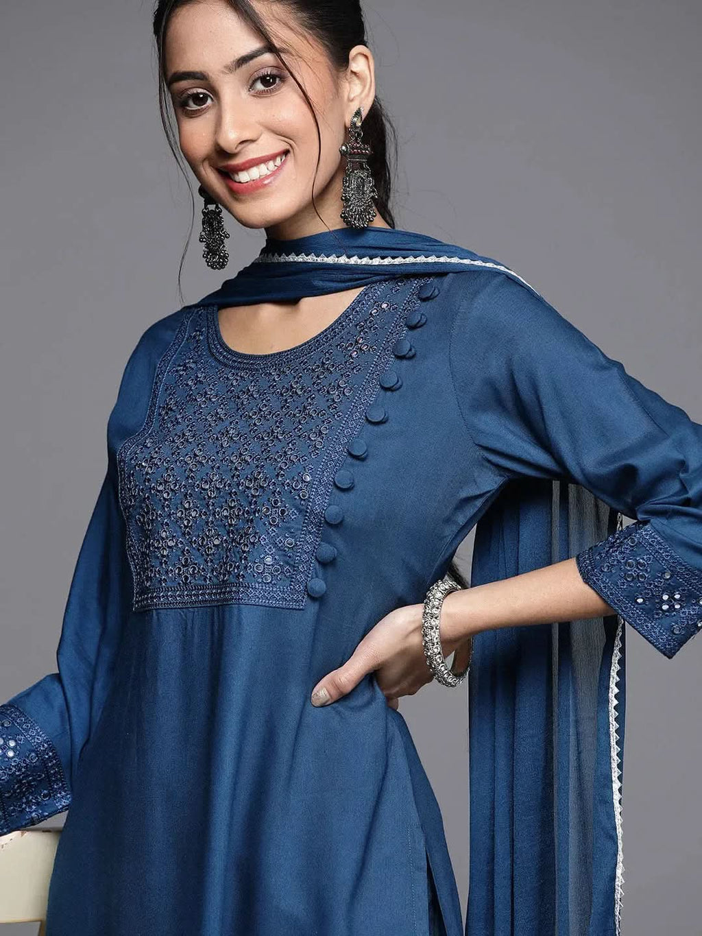 Blue Embroidered Rayon Straight Kurta With Palazzos & Dupatta