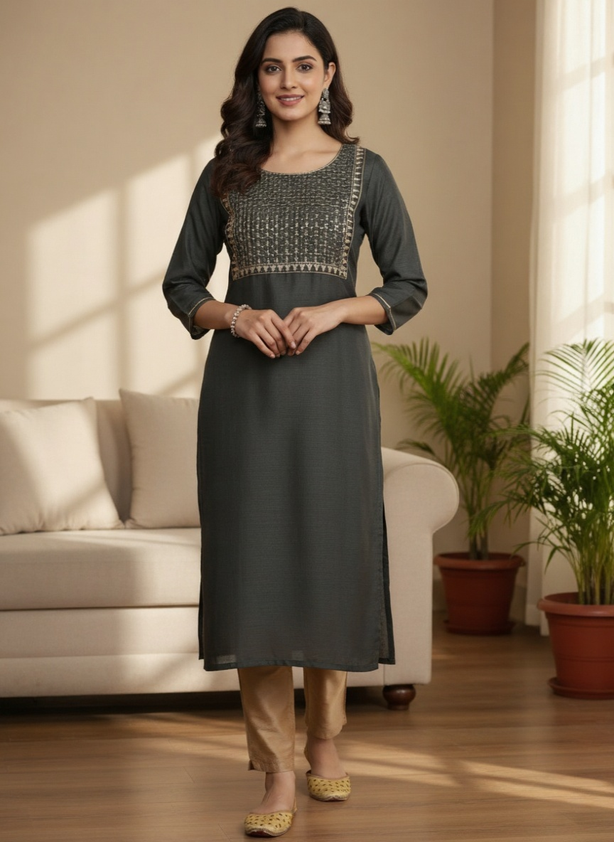 Grey Embroidered Silk Straight Kurta