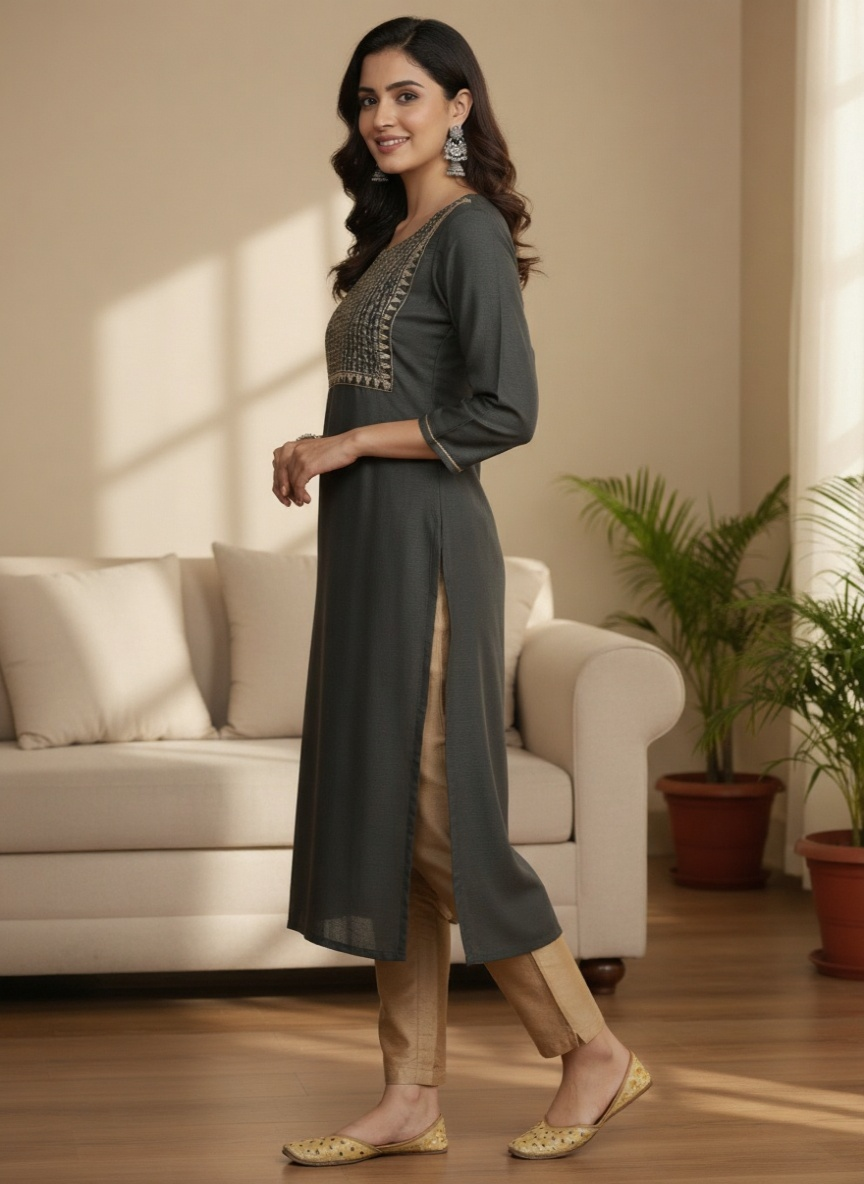 Grey Embroidered Silk Straight Kurta